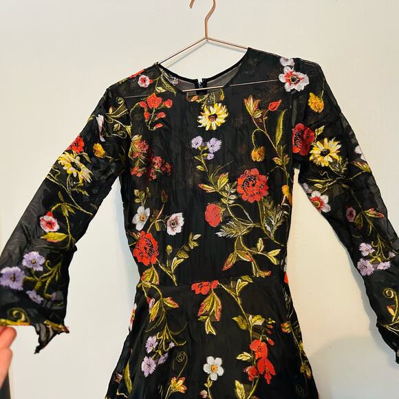 OSCAR DE LA RENTA Black Floral Hand Embroidered Tulle Beaded Midi Dress Size 6 - Picture 9 of 13